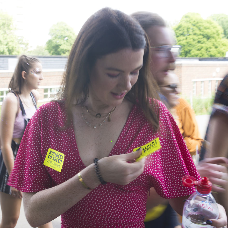 2nd June 2018 - No10 Vigil giving out Bollocks to Brexit stickers to people going to the Field Day festival in Brockwell Park, London