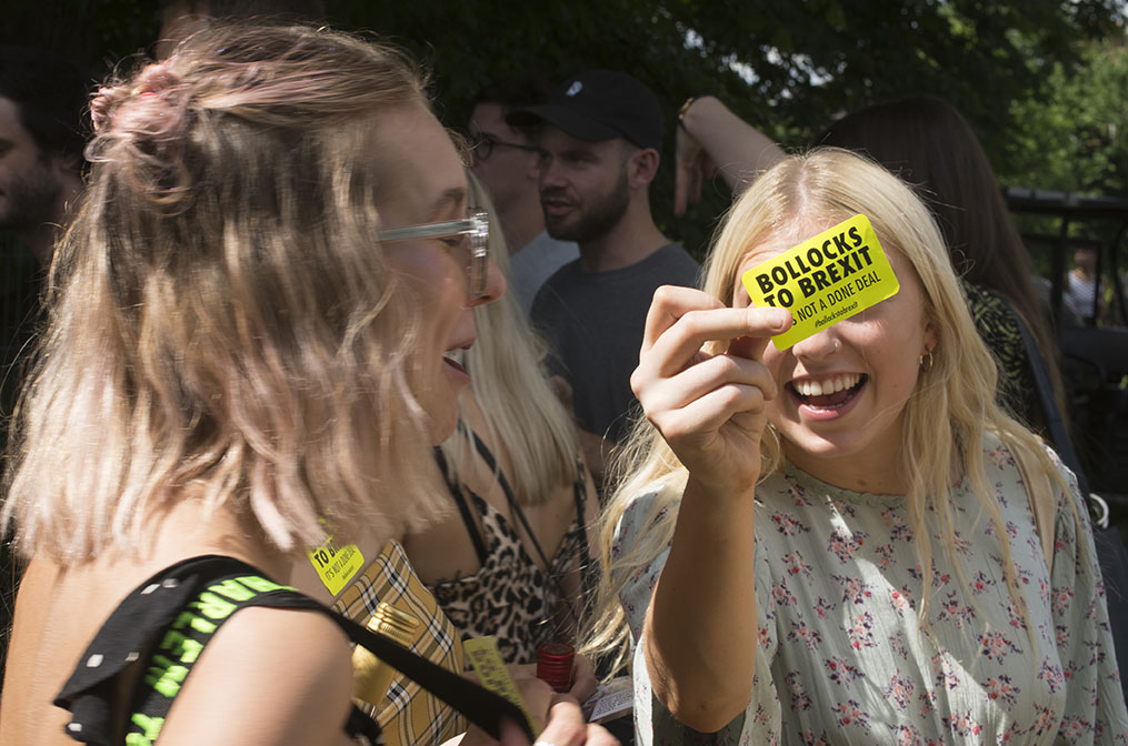 2nd June 2018 - No10 Vigil giving out Bollocks to Brexit stickers to people going to the Field Day festival in Brockwell Park, London
