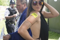 2nd June 2018 - No10 Vigil giving out Bollocks to Brexit stickers to people going to the Field Day festival in Brockwell Park, London