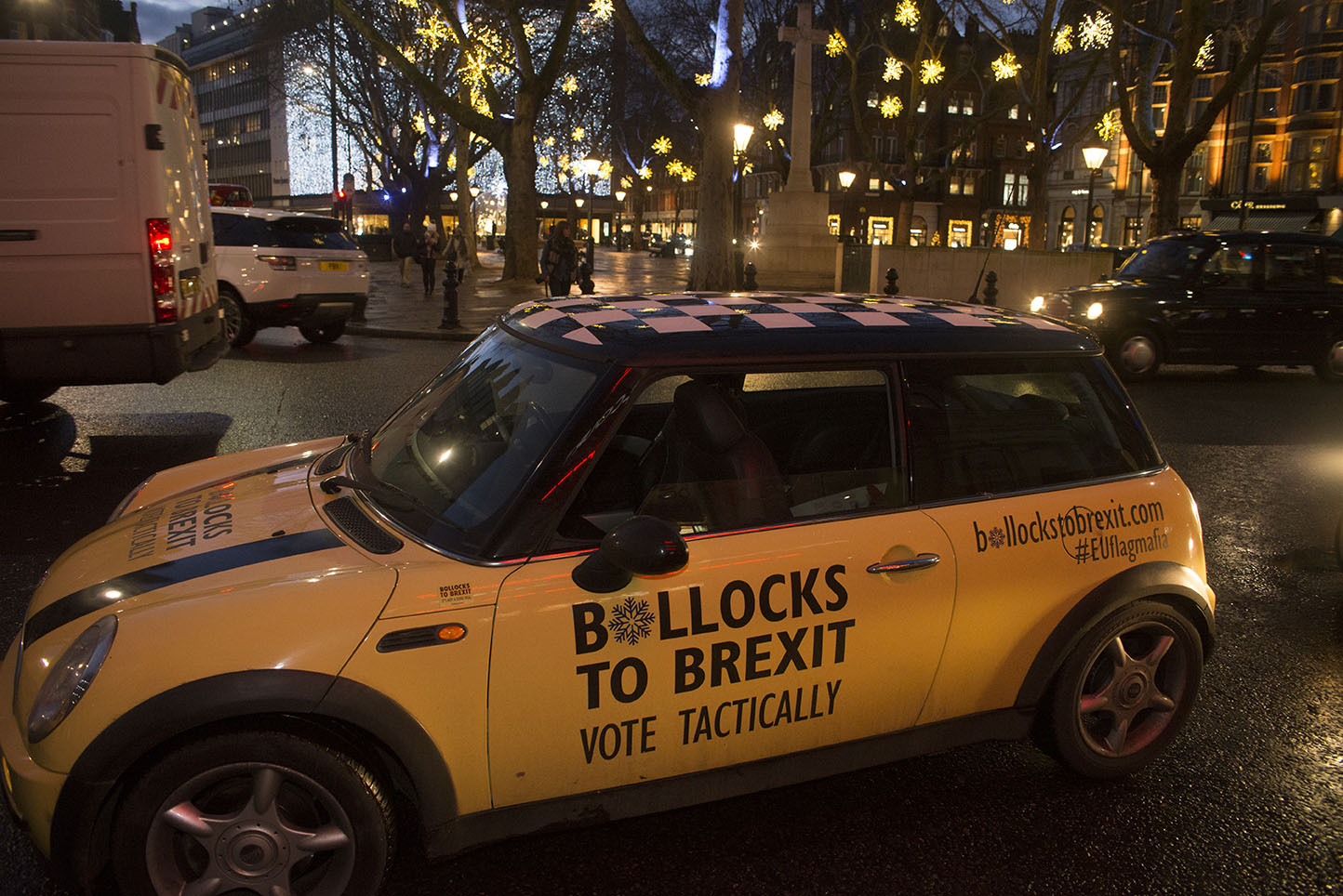 London, UK - 11 Dec 2019 - EU Flag Mafia minis visiting Sloane Square (Chelsea and Fulham constituency) - General Election 2019.