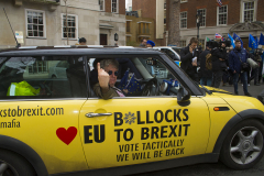 31 Jan 2020 - London, UK - The EU Flag Mafia minis outside Europe House on the final day of EU membership 2020, "à bientôt" (see you soon) procession from Downing Street to Europe House.