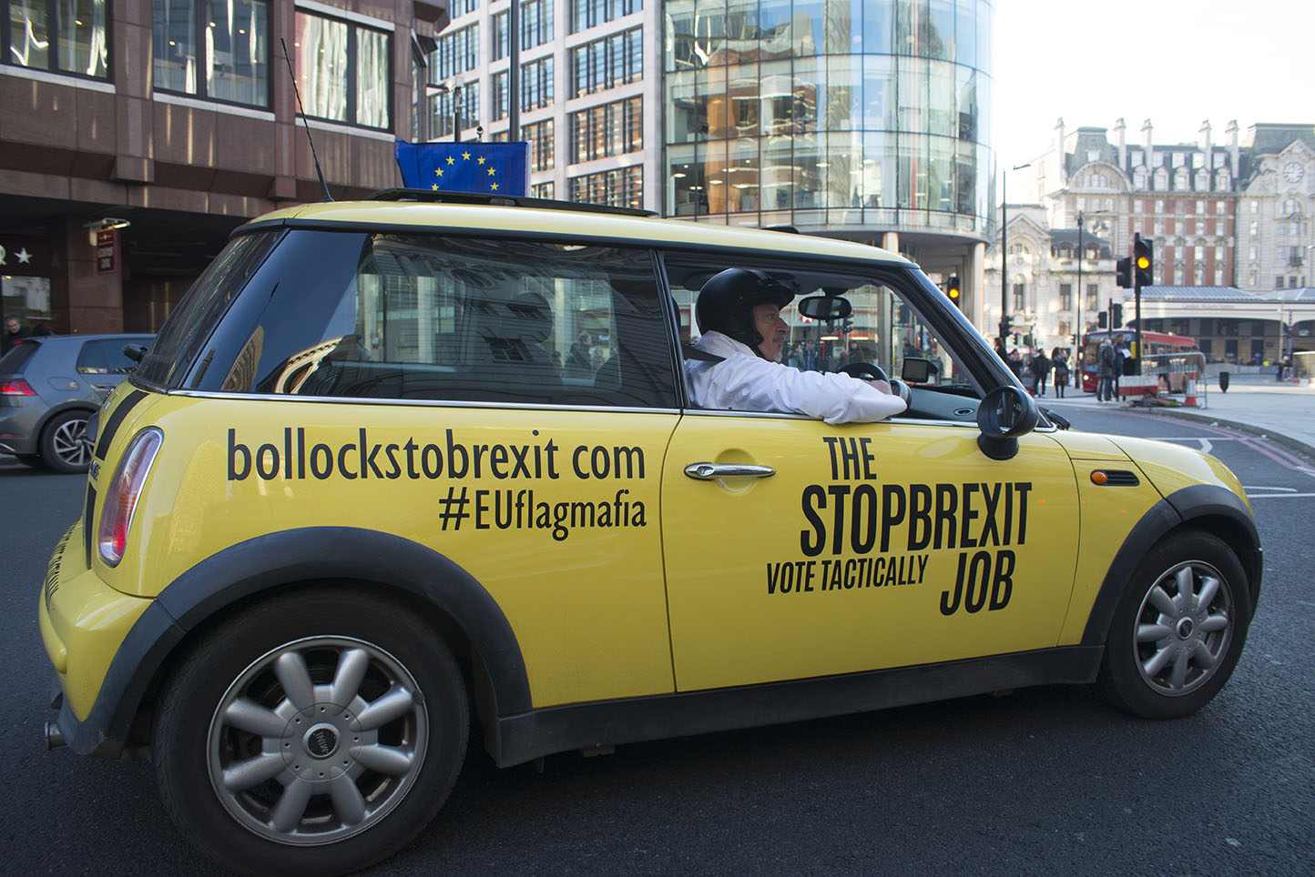 3 Dec 2019 - London, UK - Protest minis visit he streets of London in a stunt organised and crowdfunded by anti-brexit campaigning group EU Flag Mafia.