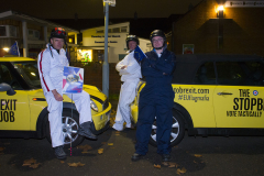 West Drayton, UK - 05 Dec 2019 - EU Flag Mafia minis at the hustings (local candidates debate) for the 2019 General Election at Yiewsley Baptist Church - 74 Colham Avenue - West Drayton UB7 8HF - United Kingdom. Boris Johnson was supposed to attend but did not. EU Flag Mafia are an anti-brexit protest group.