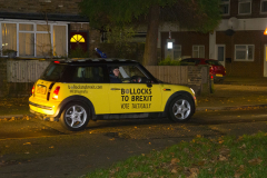 West Drayton, UK - 05 Dec 2019 - EU Flag Mafia minis at the hustings (local candidates debate) for the 2019 General Election at Yiewsley Baptist Church - 74 Colham Avenue - West Drayton UB7 8HF - United Kingdom. Boris Johnson was supposed to attend but did not. EU Flag Mafia are an anti-brexit protest group.