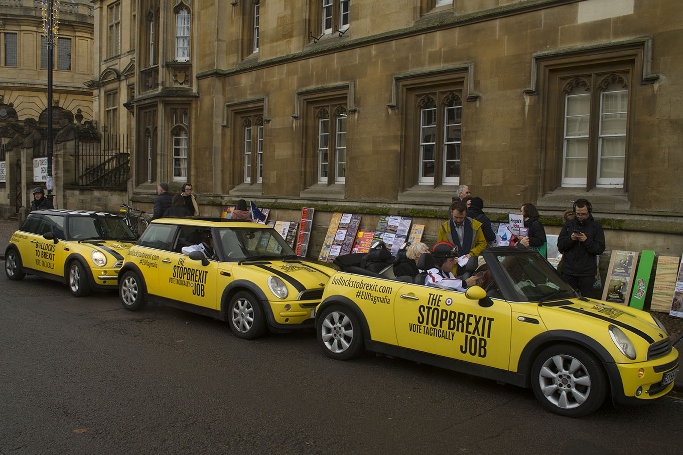 Oxford, UK - 06 Dec 2019 - EU Flag Mafia minis visit Oxford (including the Cowley Mini Factory), to protest against Brexit and call for a tactical vote. EU Flag Mafia are an anti-brexit protest group.