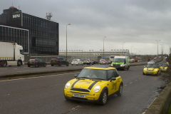 Oxford, UK - 06 Dec 2019 - EU Flag Mafia minis visit Oxford (the Cowley Mini Factory), to protest against Brexit and call for a tactical vote. The minis used by the group were built in the UK but have BMW engines highlighting the single market approach to manufacture. This is under threat with Brexit. EU Flag Mafia are an anti-brexit protest group.