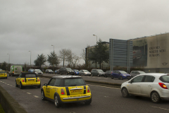 Oxford, UK - 06 Dec 2019 - EU Flag Mafia minis visit Oxford (the Cowley Mini Factory), to protest against Brexit and call for a tactical vote. The minis used by the group were built in the UK but have BMW engines highlighting the single market approach to manufacture. This is under threat with Brexit. EU Flag Mafia are an anti-brexit protest group.