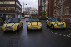 Swindon, UK - 06 Dec 2019 - EU Flag Mafia minis visit Swindon to protest against Brexit and call for a tactical vote. EU Flag Mafia are an anti-brexit protest group.