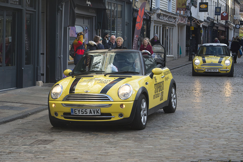 Canterbury, UK - 09 Dec 2019 - EU Flag Mafia minis visit Canterbury in support of Labour candidate (and sitting MP) Rosie Duffield during the 2019 General Election. The campaign group EU Flag Mafia crowdfunded the cars to promote tactical voting.