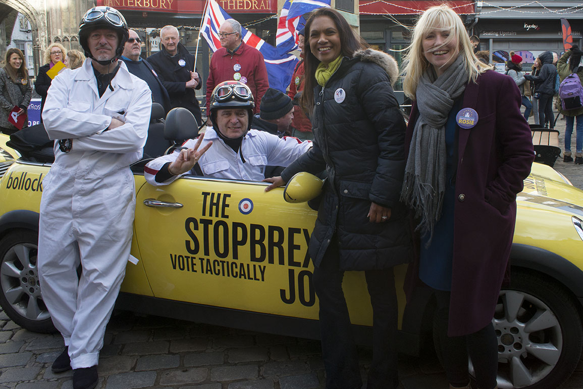 Canterbury, UK - 09 Dec 2019 - Gina Miller and Rosie Duffield with the EU Flag Mafia minis visiting Canterbury in support of Labour candidate (and sitting MP) Rosie Duffield during the 2019 General Election. The campaign group EU Flag Mafia crowdfunded the cars to promote tactical voting.
