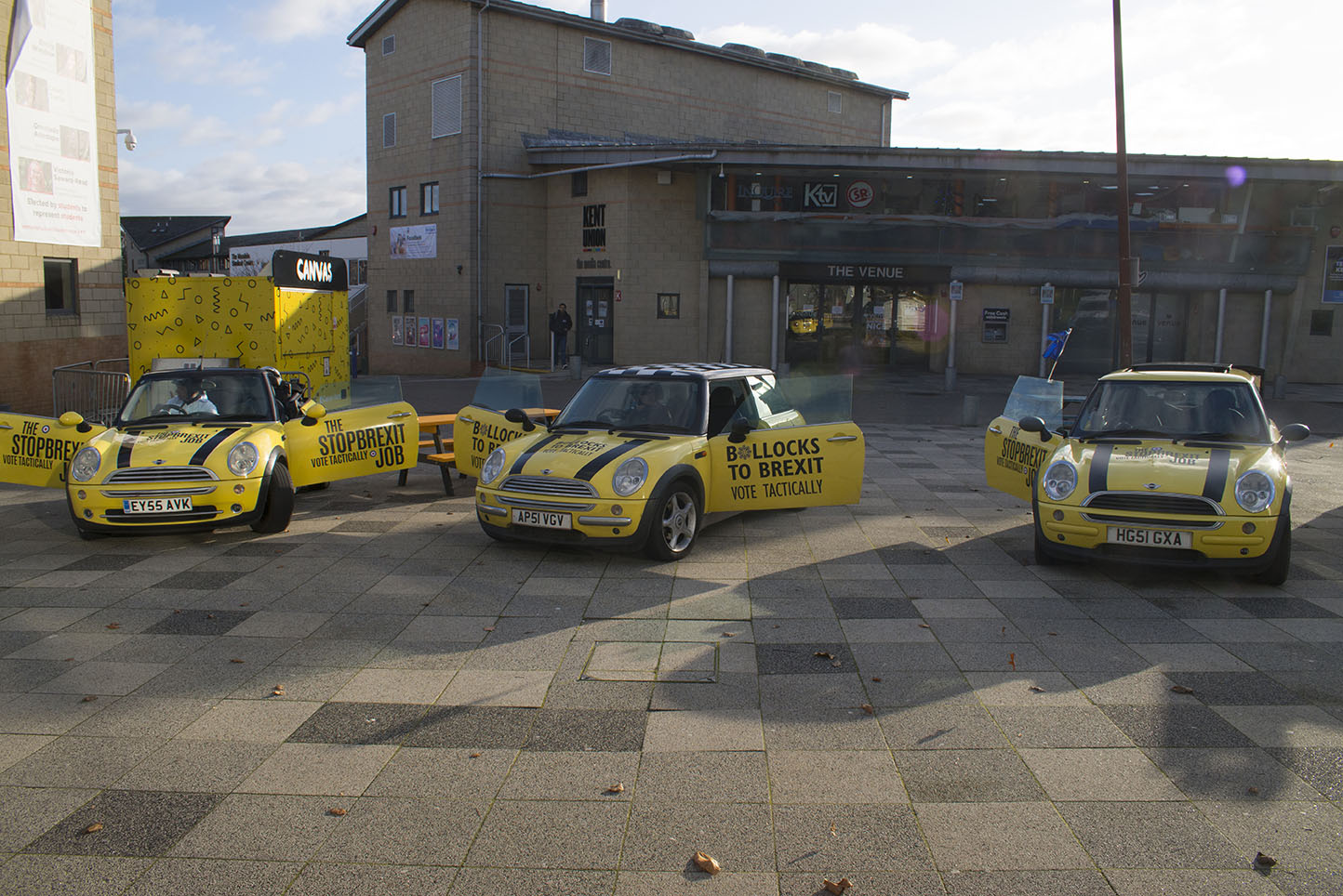 Canterbury, UK - 09 Dec 2019 - EU Flag Mafia minis visit University of Kent, Canterbury in support tactical voting for Labour candidate (and sitting MP) Rosie Duffield during the 2019 General Election. The campaign group EU Flag Mafia crowdfunded the cars to promote tactical voting.