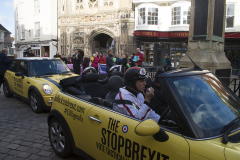 Canterbury, UK - 09 Dec 2019 - EU Flag Mafia minis visit Canterbury in support of Labour candidate (and sitting MP) Rosie Duffield during the 2019 General Election. The campaign group EU Flag Mafia crowdfunded the cars to promote tactical voting.