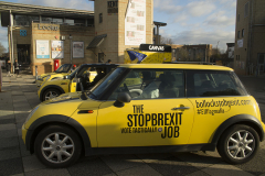 Canterbury, UK - 09 Dec 2019 - EU Flag Mafia minis visit University of Kent, Canterbury in support tactical voting for Labour candidate (and sitting MP) Rosie Duffield during the 2019 General Election. The campaign group EU Flag Mafia crowdfunded the cars to promote tactical voting.